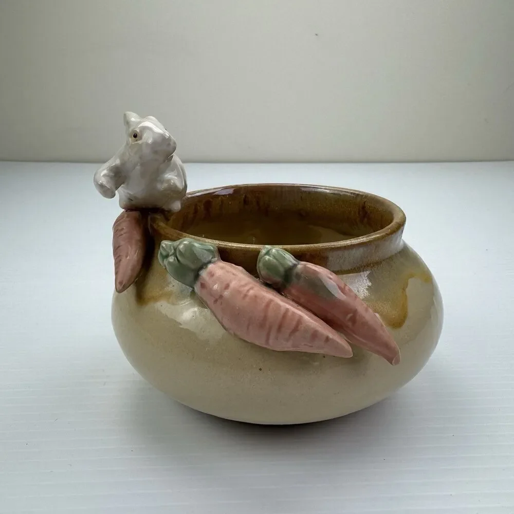 Vintage Easter Bunny Pottery Candy Bowl w Carrots Rabbit Spring Decor